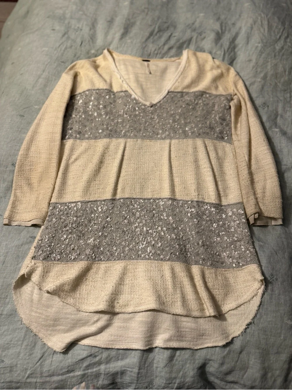 Free People Oversized Womens Medium Cream & Grey Sequins Sweater